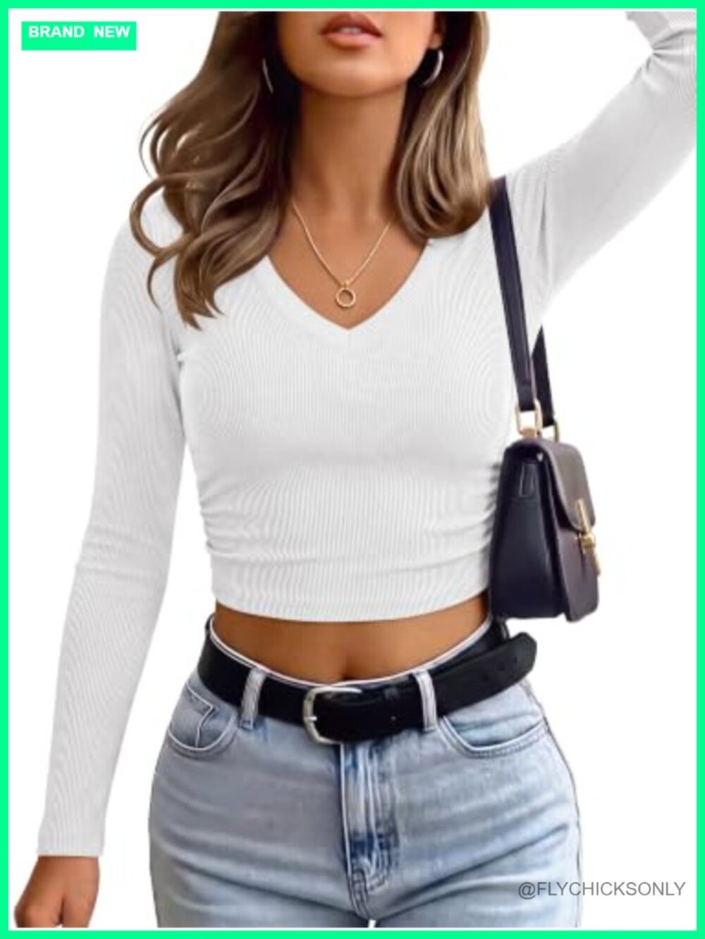 Women's Long Sleeve V Neck Crop Top Ribbed Knit Slim Fit